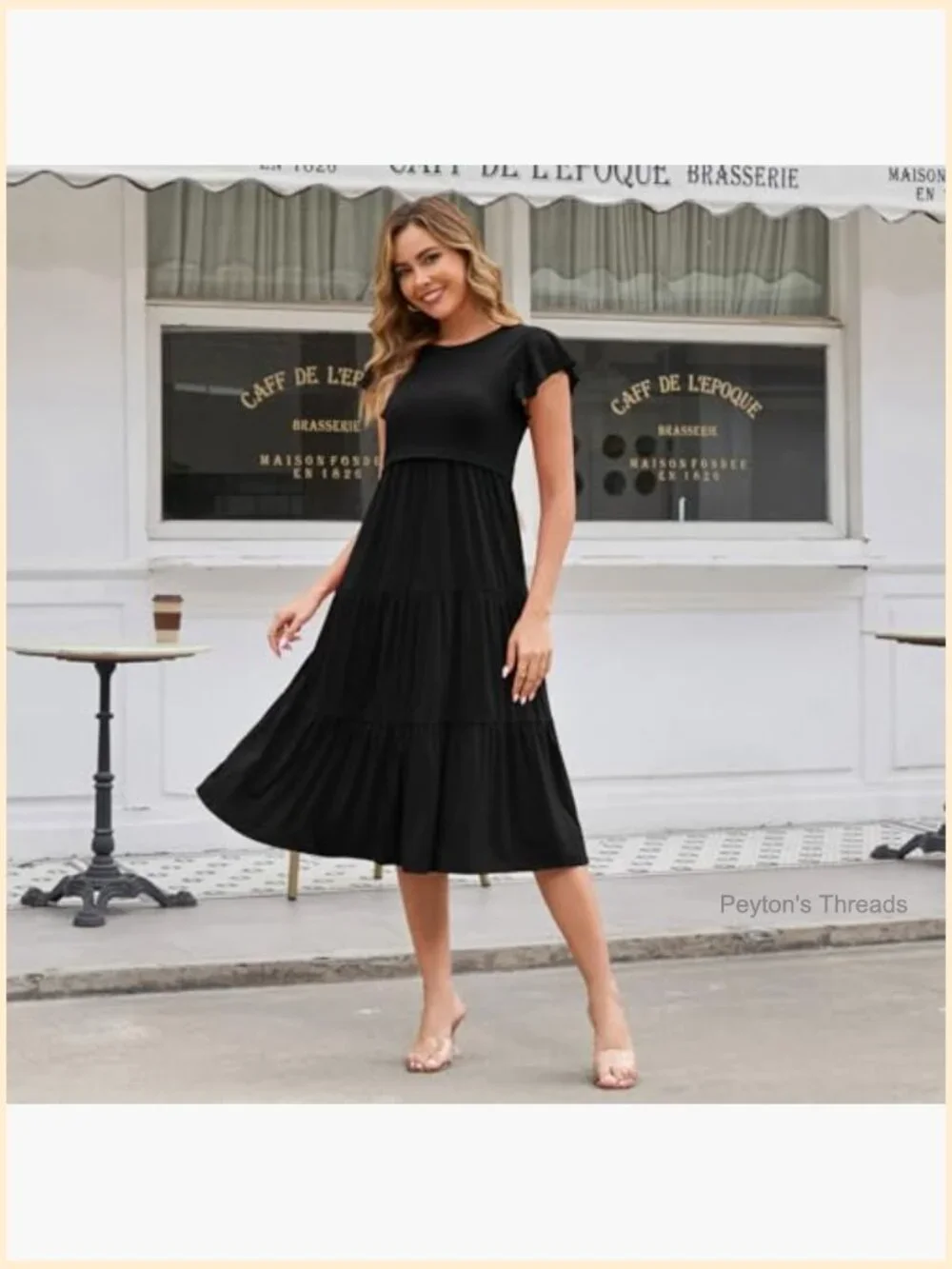 Nursing Dress Flutter Sleeve Crew Neck Tiered Maternity Midi Breastfeeding Dress